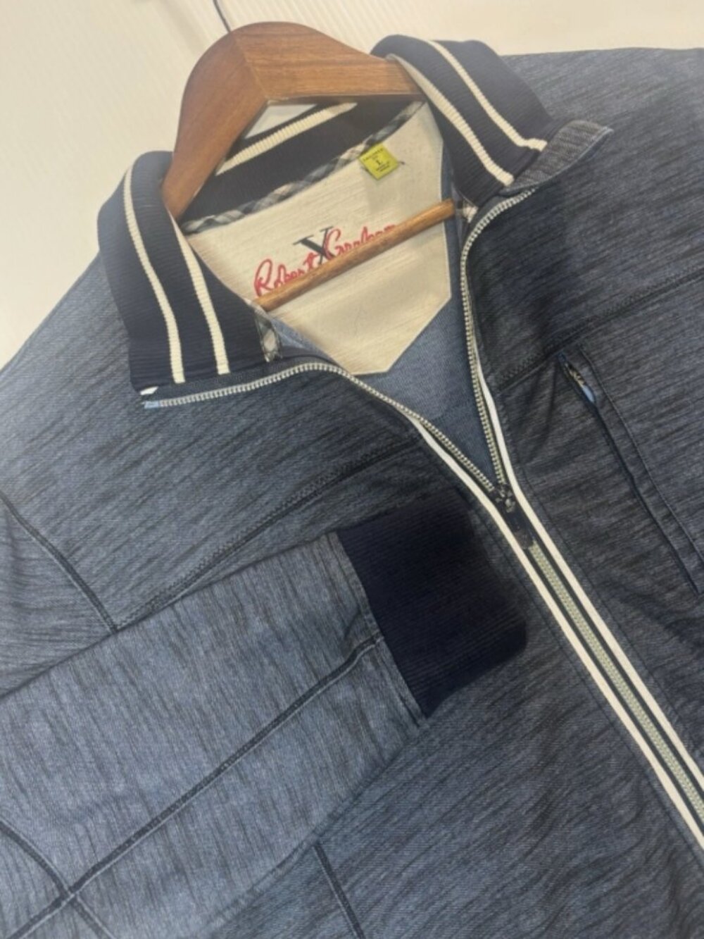 Robert Graham Full Zip Jacket Men's Large Blue Space Dye Mock Neck Tailored Fit